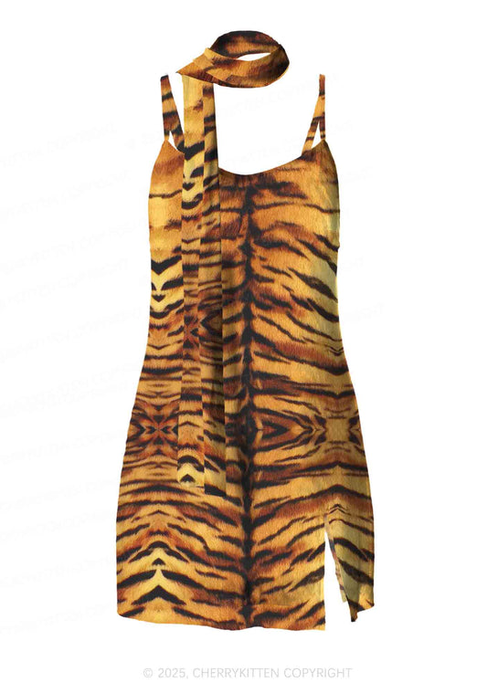 Wild Tiger Texture Y2K Mesh Slip Dress Cherrykitten