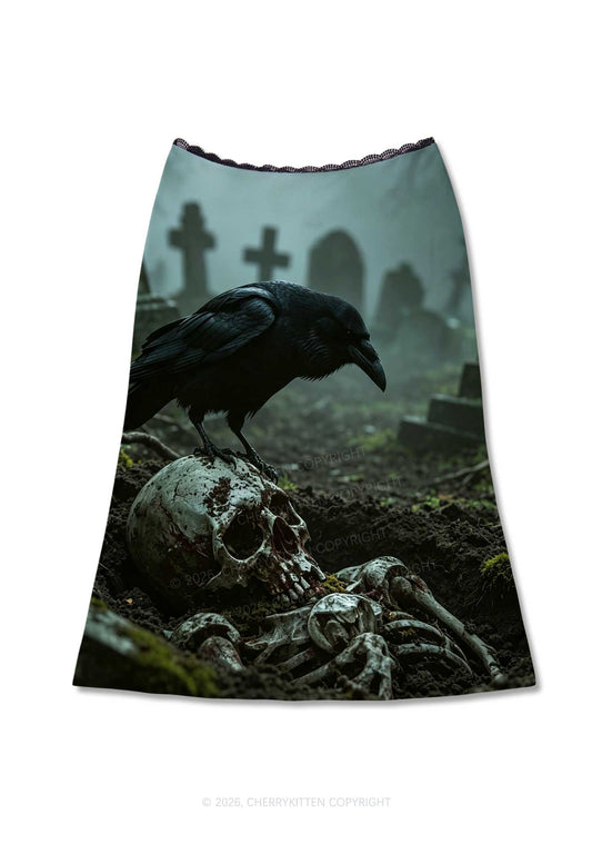 Halloween Raven On Skull Y2K Print Midi Skirt Cherrykitten