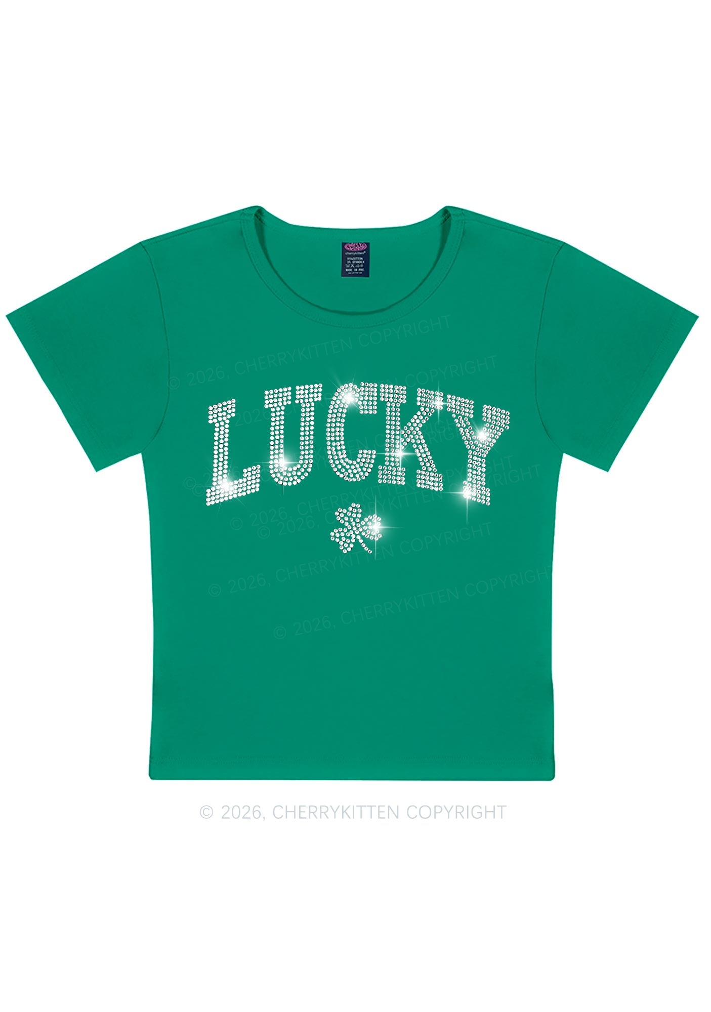 Rhinestone Lucky Shamrock St Patricks Y2K Baby Tee Cherrykitten