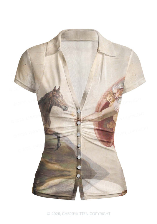 God Smoking Horse Y2K Mesh Ruched Waist V Neck Top Cherrykitten