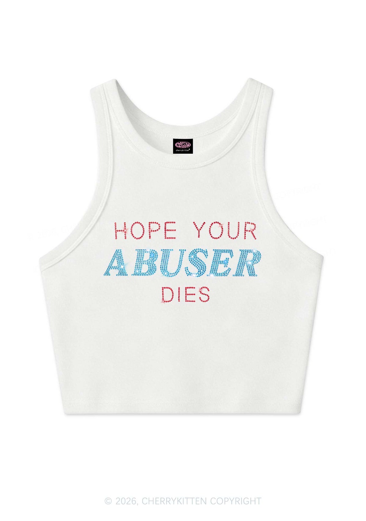 Rhinestone Hope Your Abuser Dies Y2K Crop Tank Top Cherrykitten