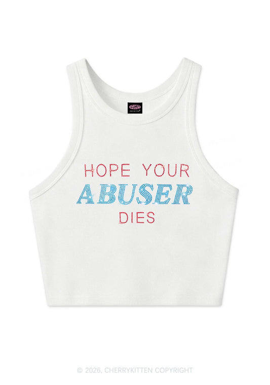 Rhinestone Hope Your Abuser Dies Y2K Crop Tank Top Cherrykitten