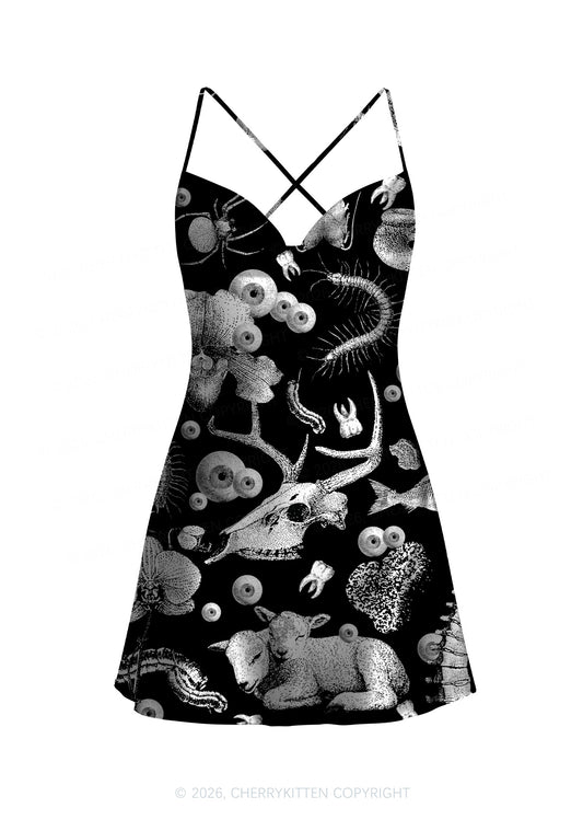 Halloween Dark Sheep Bone Y2K Print Satin Cowl Neck Slip Dress Cherrykitten
