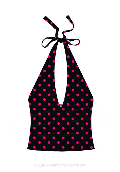Hot Pink Polka Dot Y2K Print Halter Deep V Neck Cami Cherrykitten