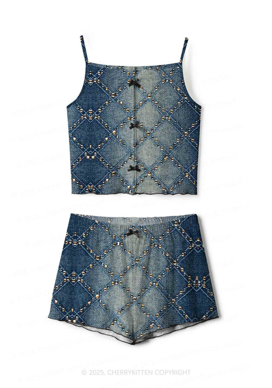 Denim Sparkle Y2K Print Cami Shorts Pajama Set Cherrykitten