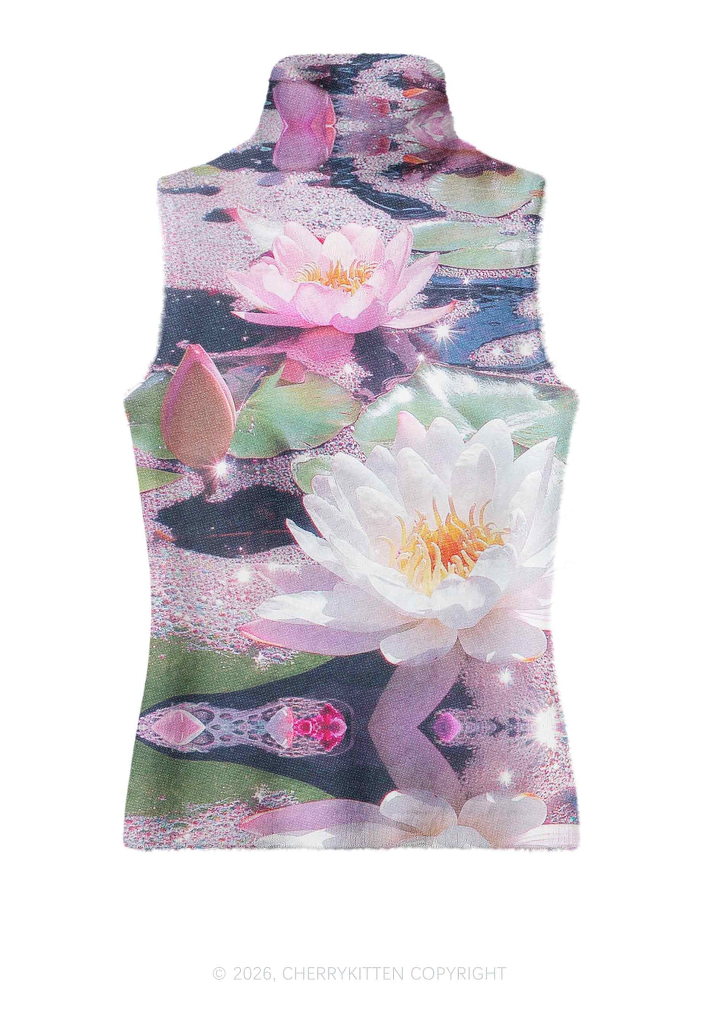 Glitter Lotus Y2K Knit Turtleneck Tank Top Cherrykitten