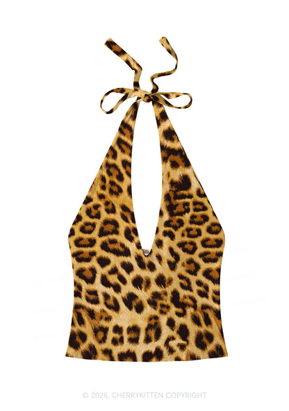 Brown Leopard Y2K Print Halter Deep V Neck Cami Cherrykitten