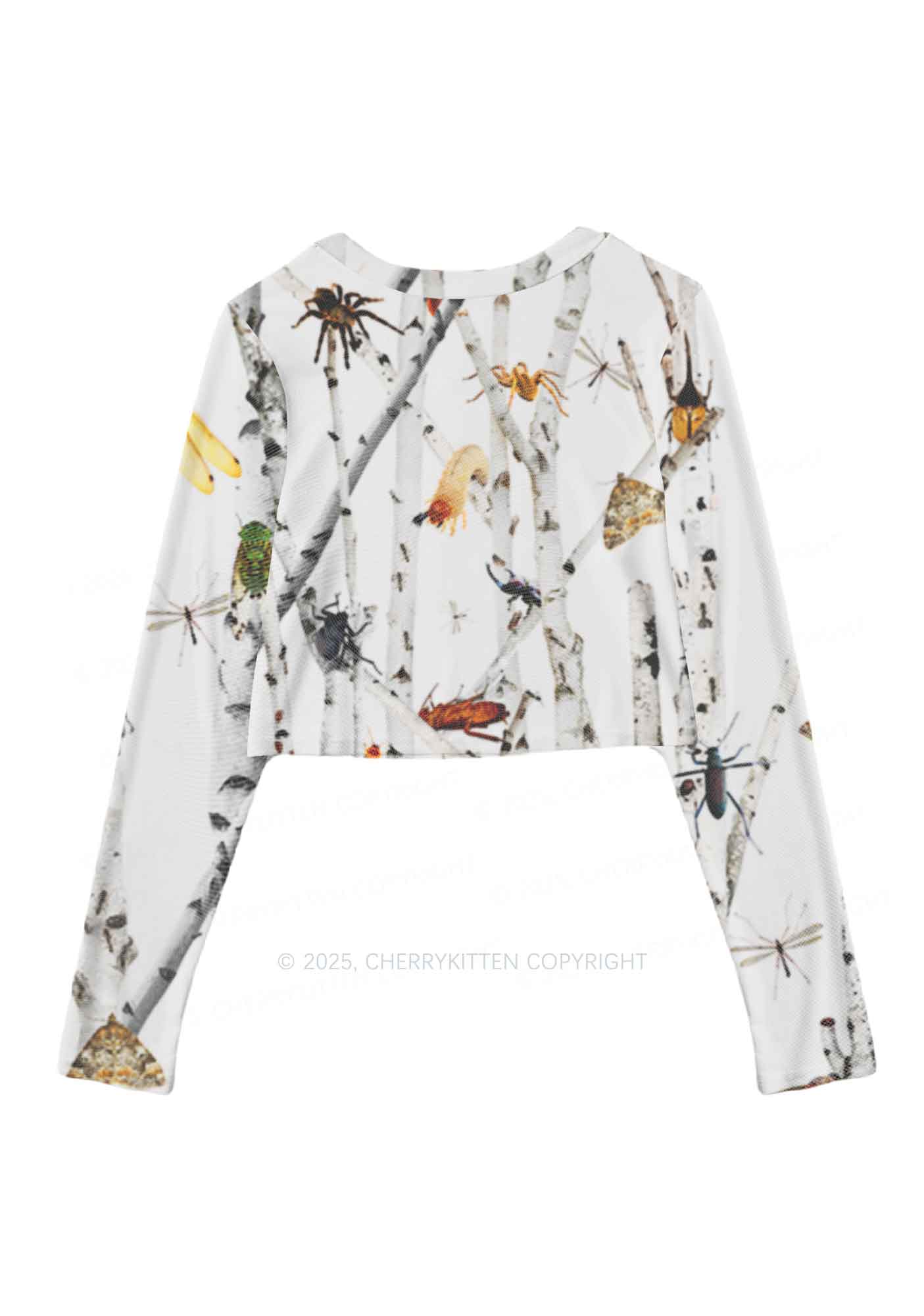 Insects On Birch Y2K Mesh Long Sleeve Crop Top Cherrykitten