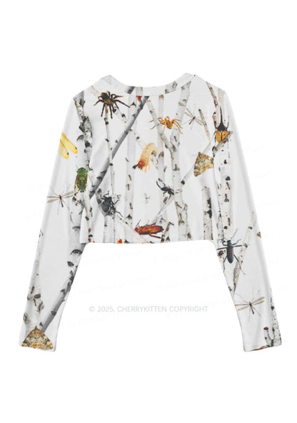 Insects On Birch Y2K Mesh Long Sleeve Crop Top Cherrykitten