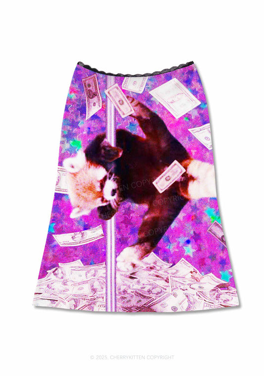 Pole Dancing Raccoon Y2K Print Midi Skirt Cherrykitten