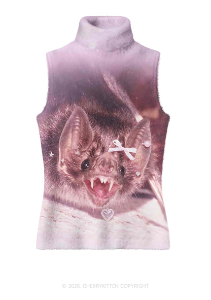 Halloween Pink Bow Bat Y2K Knit Turtleneck Tank Top Cherrykitten