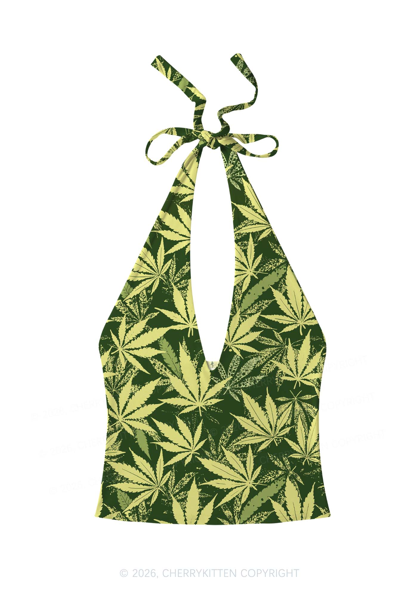Green Wxxd Leaf Y2K Print Halter Deep V Neck Cami Cherrykitten