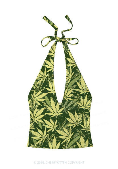 Green Wxxd Leaf Y2K Print Halter Deep V Neck Cami Cherrykitten