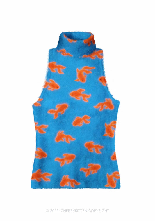 Orange Goldfish On Blue Y2K Knit Turtleneck Tank Top Cherrykitten