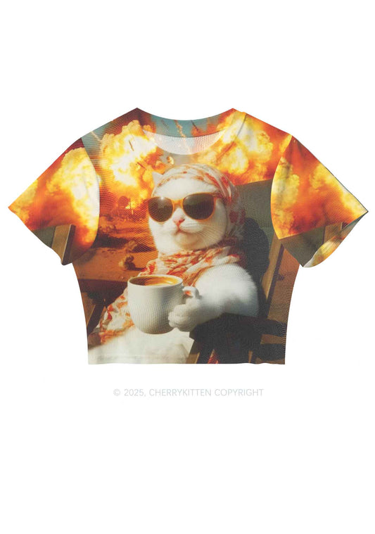 Cool Cat Enjoying Coffee Y2K Mesh Crop Top Cherrykitten