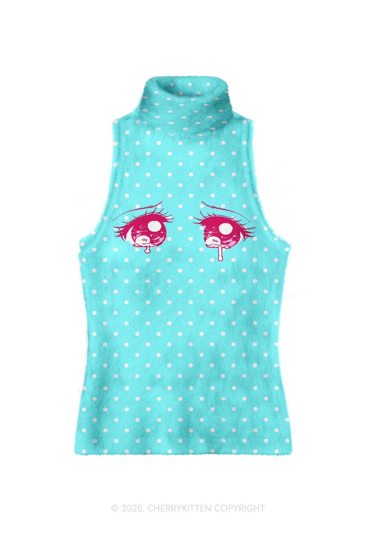 Crying Eyes White Dots On Blue Y2K Knit Turtleneck Tank Top Cherrykitten