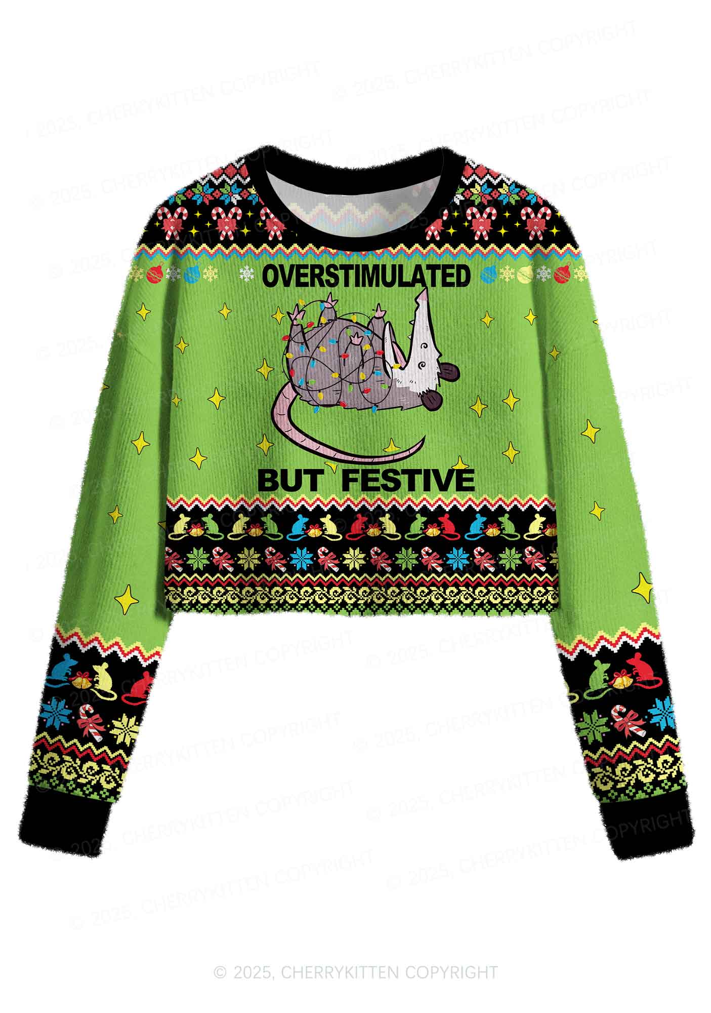 Overstimulated But Festive Y2K Christmas Crop Knit Sweatshirt Cherrykitten