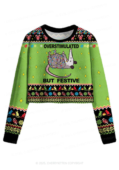 Overstimulated But Festive Y2K Christmas Crop Knit Sweatshirt Cherrykitten