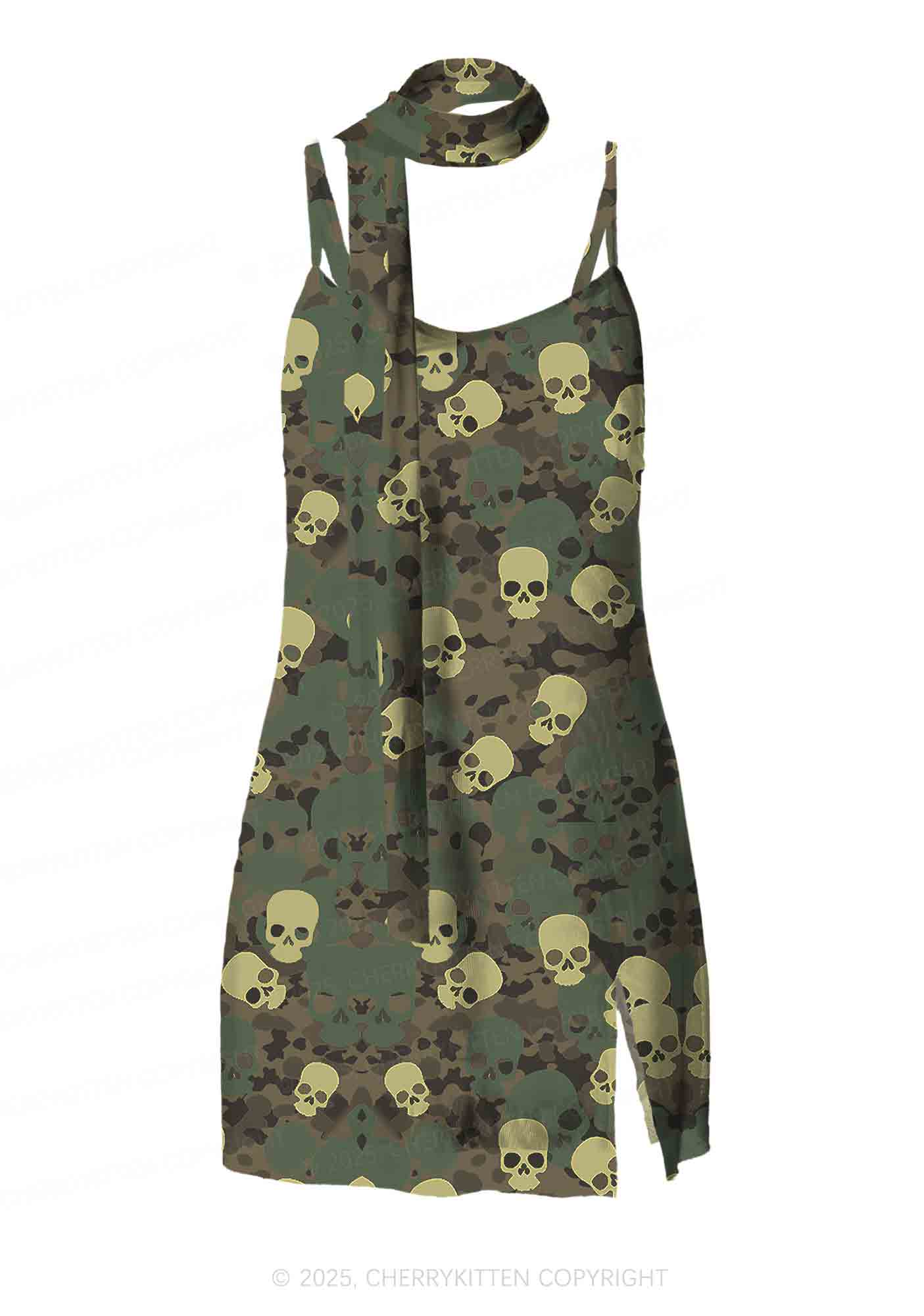 Halloween Camouflage Skull Y2K Mesh Slip Dress Cherrykitten