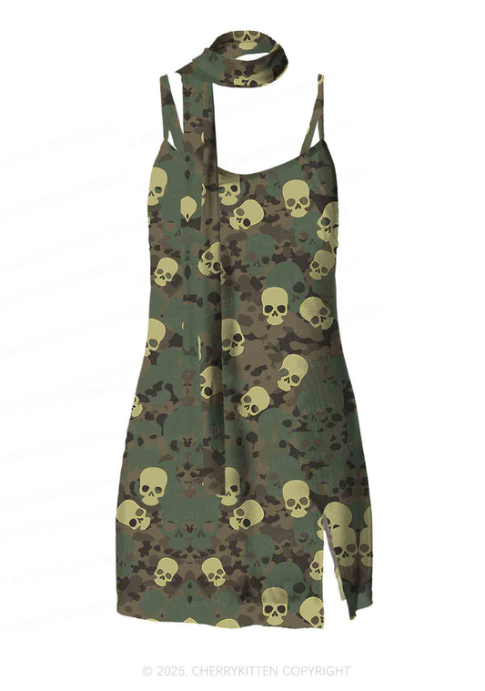 Halloween Camouflage Skull Y2K Mesh Slip Dress Cherrykitten