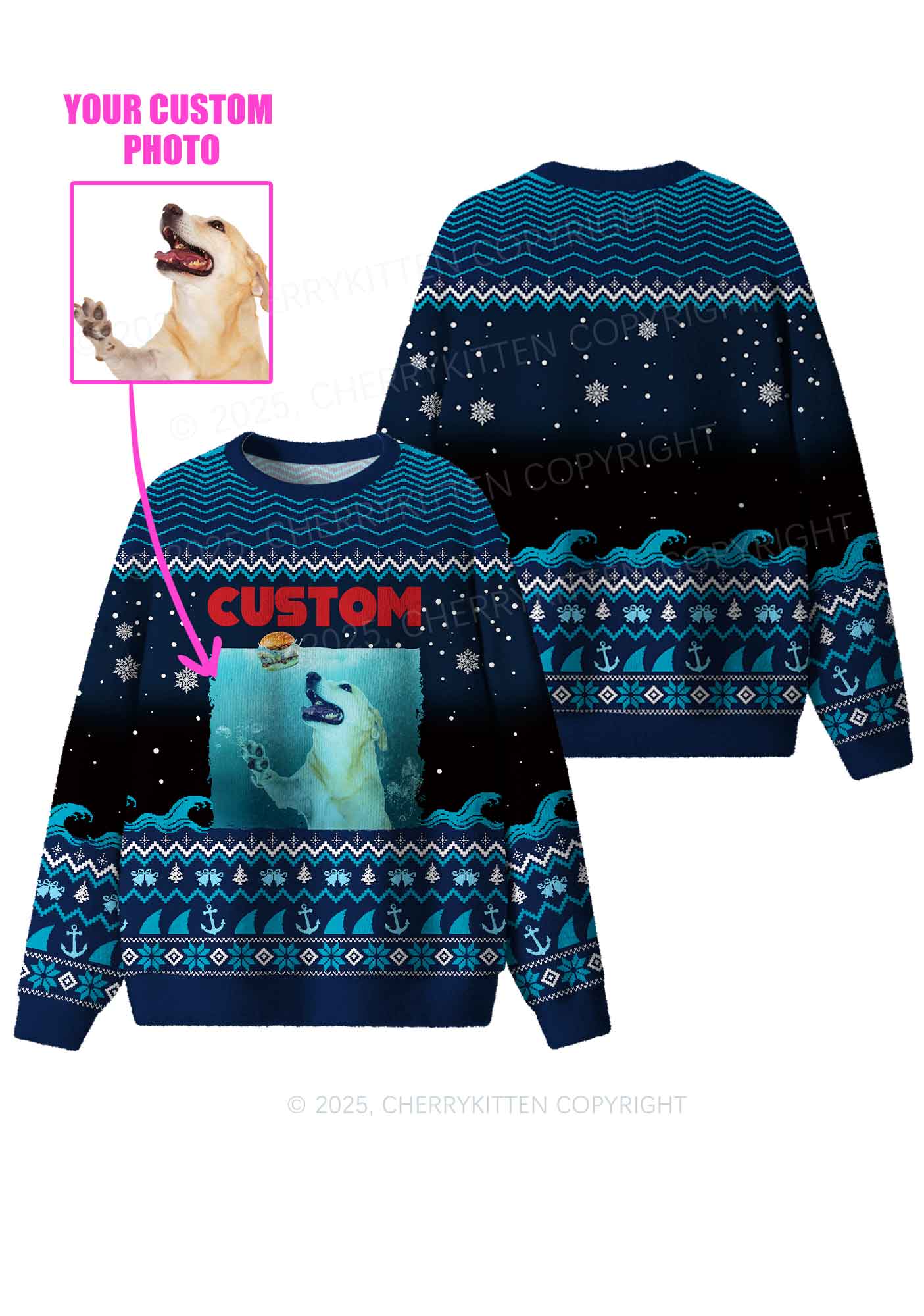 Custom Jowls Dog Y2K Christmas Knit Sweatshirt Cherrykitten
