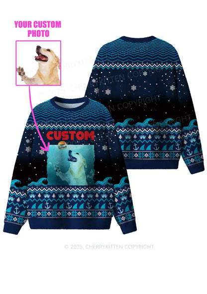 Custom Jowls Dog Y2K Christmas Knit Sweatshirt Cherrykitten