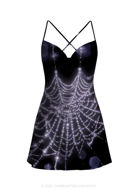 Glistening Spiderweb Y2K Print Satin Cowl Neck Slip Dress Cherrykitten