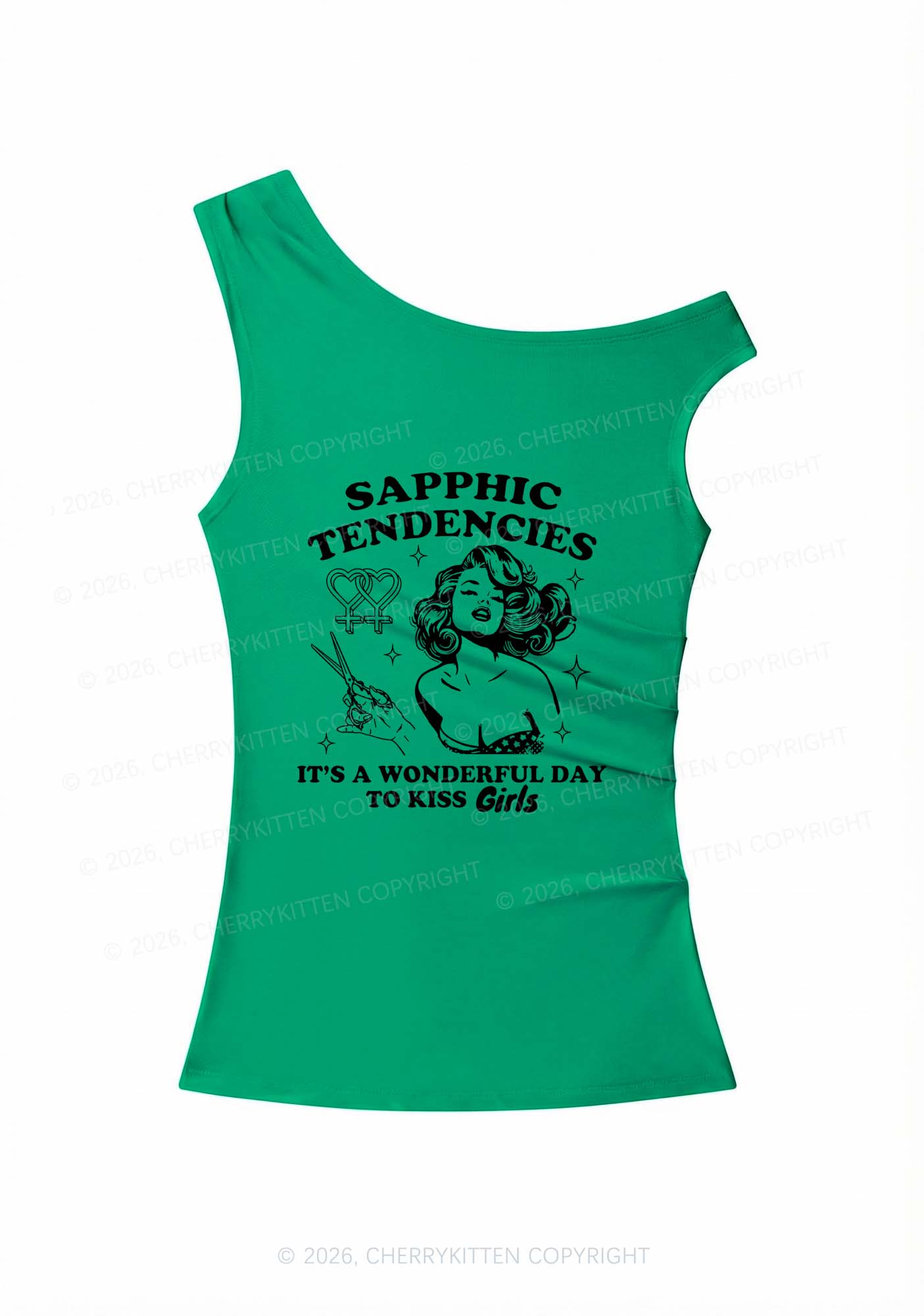 Sapphic Tendencies Kiss Girls Pride Y2K Off Shoulder Tank Top Cherrykitten