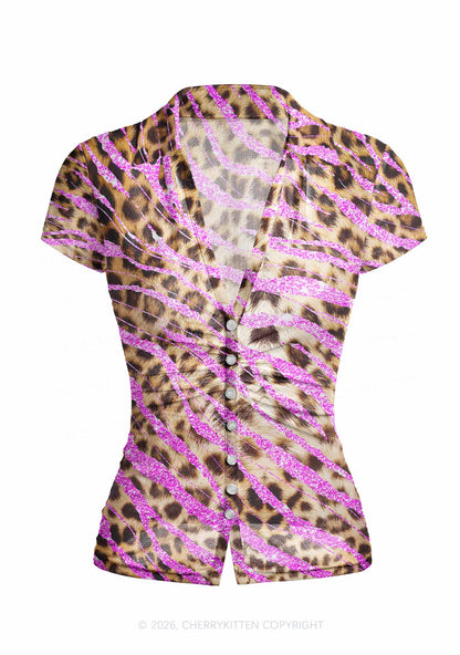 Sparkle Pink Leopard Y2K Mesh Ruched  Waist  V Neck Top Cherrykitten