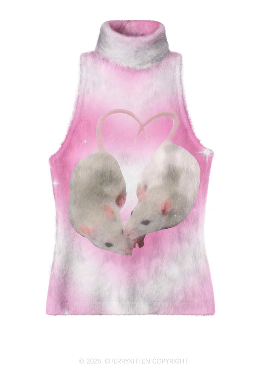Pink Sweet Rats Valentine's Day Y2K Knit Turtleneck Tank Top Cherrykitten