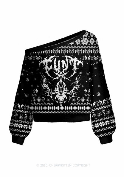 Halloween Punk Cxxt Y2K Off Shoulder Knit Sweatshirt Cherrykitten