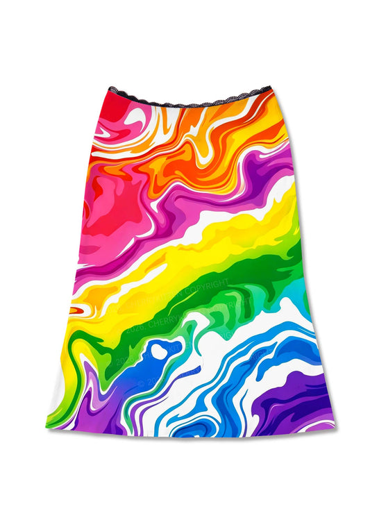 Rainbow Liquid Tie Dye Pride Y2K Print Midi Skirt Cherrykitten