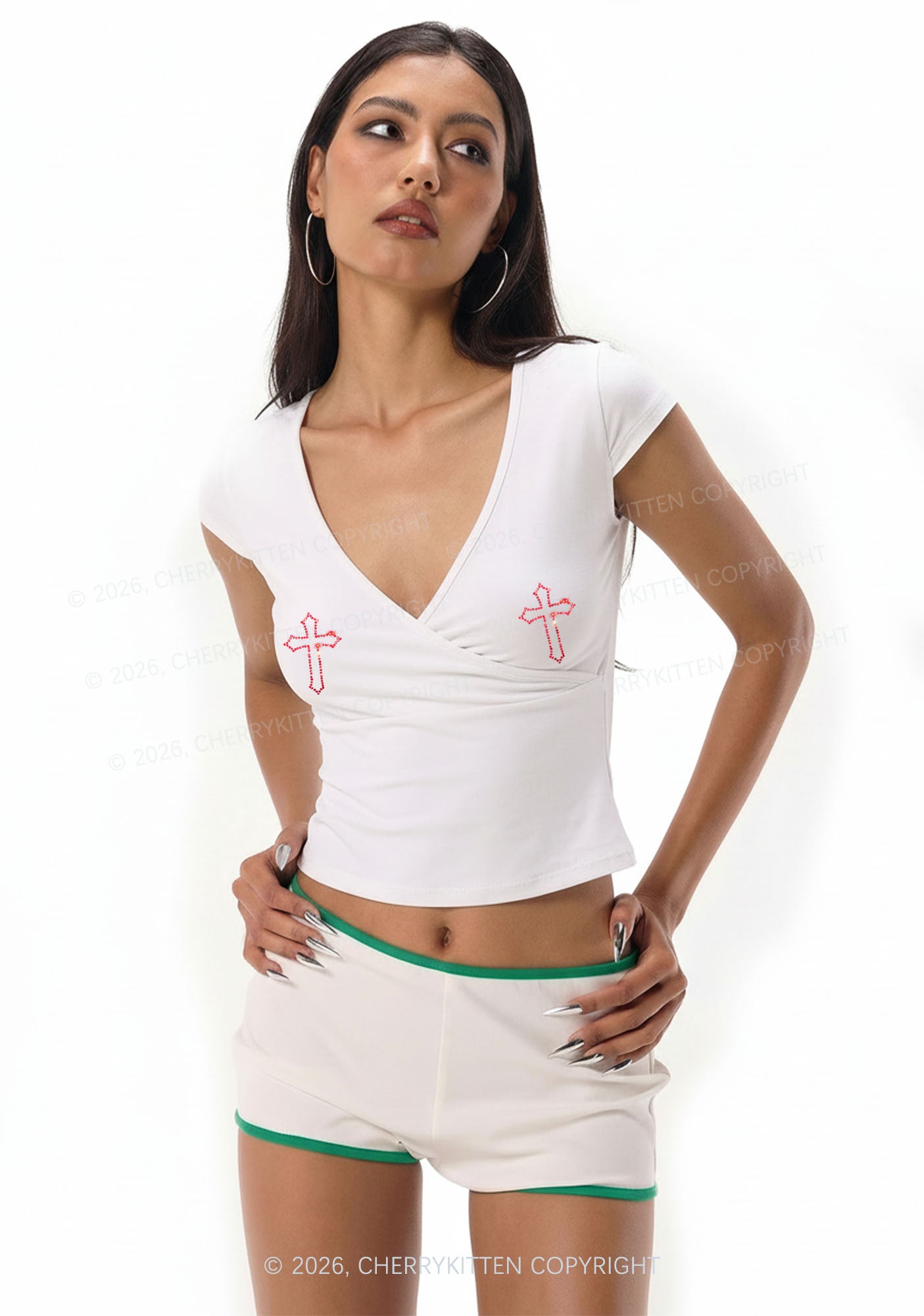 Rhinestone Red Cross Y2K Wrap V Neck T Shirts Cherrykitten