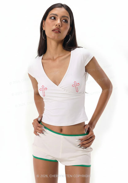 Rhinestone Red Cross Y2K Wrap V Neck T Shirts Cherrykitten