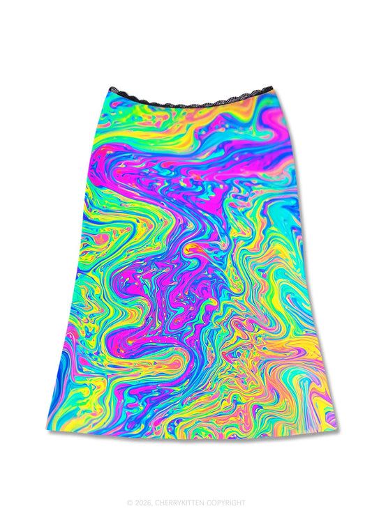 Rainbow Fluid Swirl Y2K Print Midi Skirt Cherrykitten