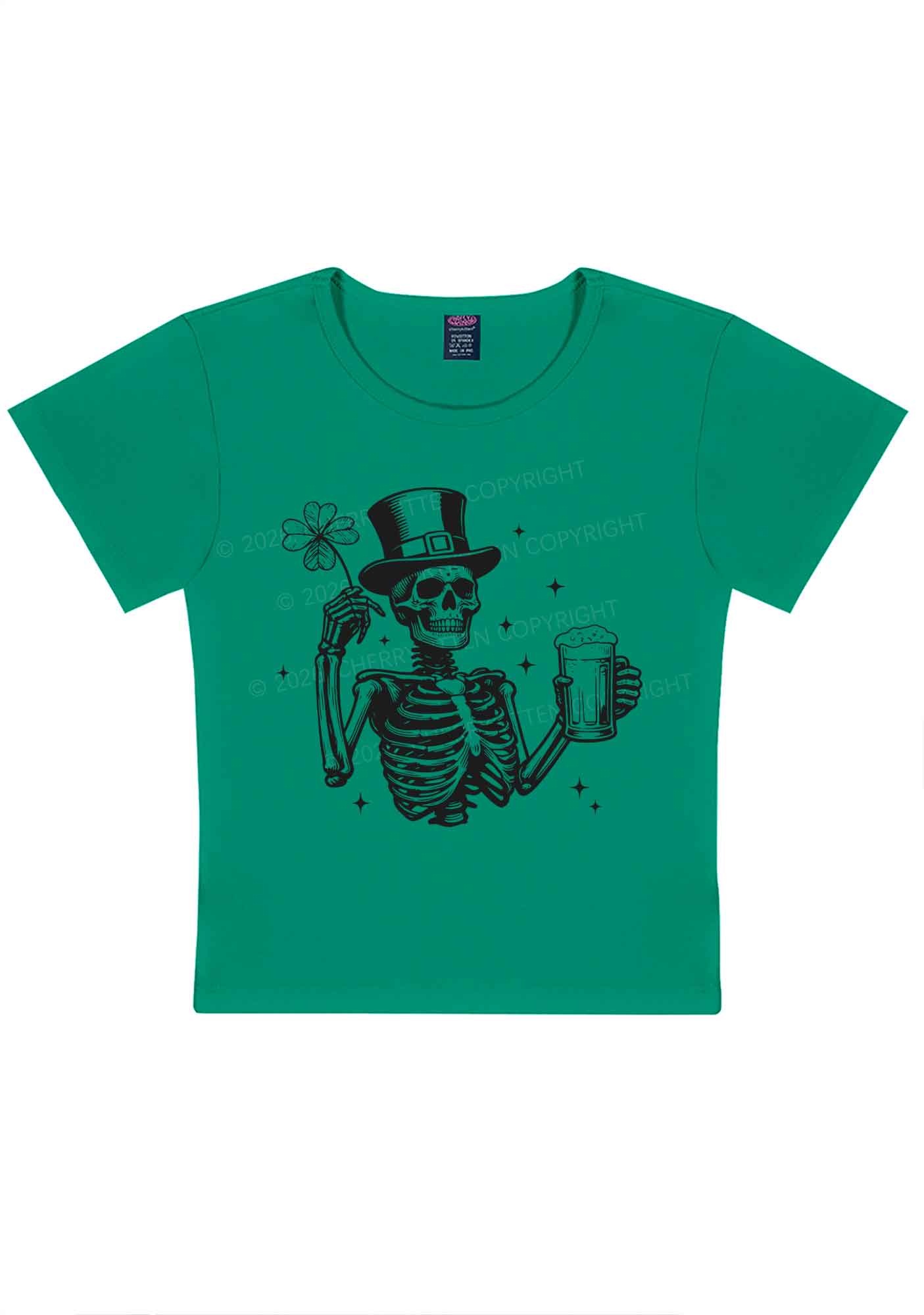 Green Skeleton St Patricks Y2K Baby Tee Cherrykitten