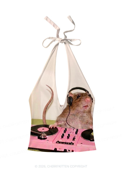 Dj Rat Pink Turntable Y2K Print Halter Deep V Neck Cami Cherrykitten