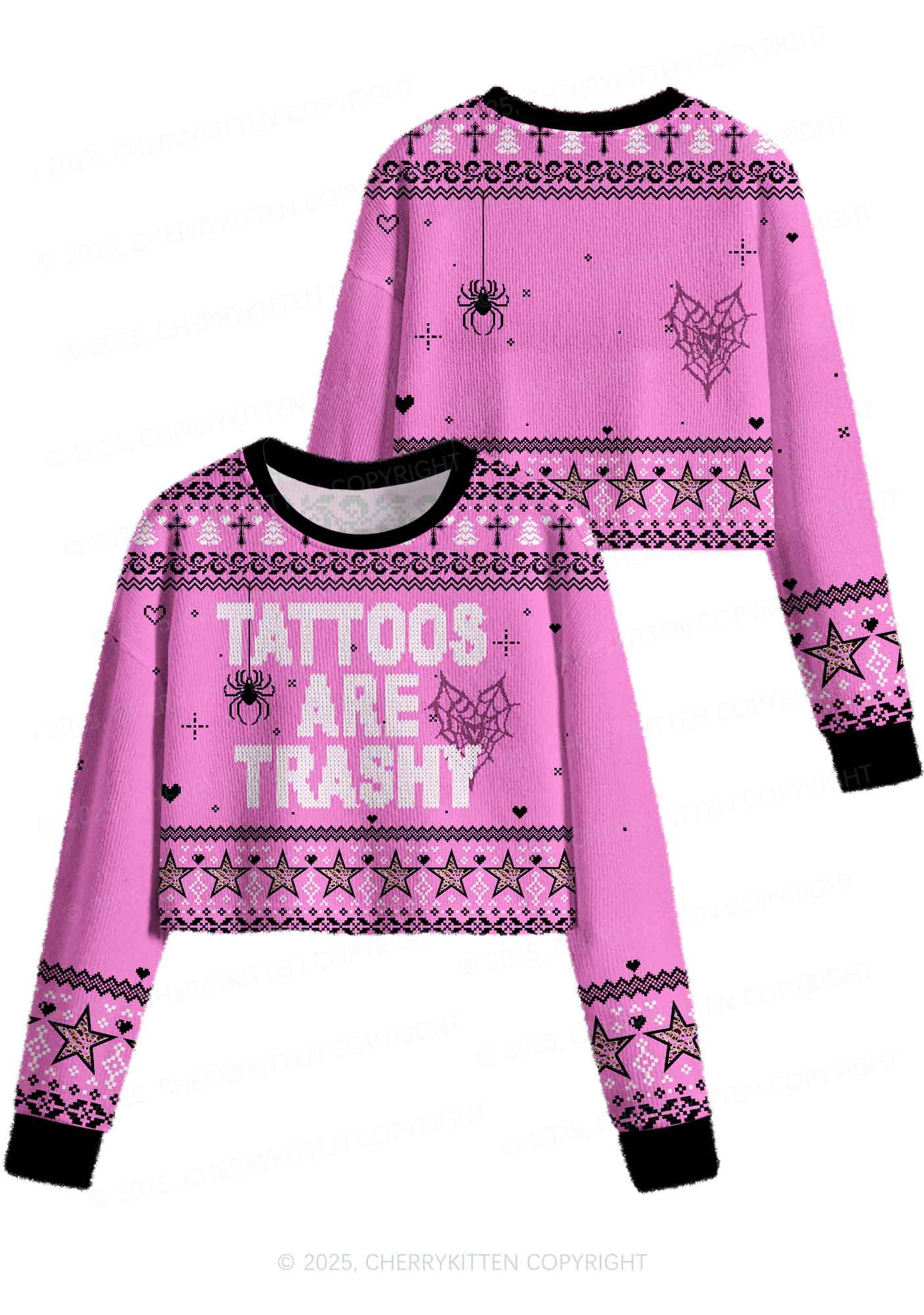 Tattoos Are Trashy Y2K Christmas Crop Knit Sweatshirt Cherrykitten