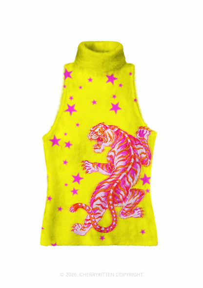 Vintage Tiger Stars Y2K Knit Turtleneck Tank Top Cherrykitten