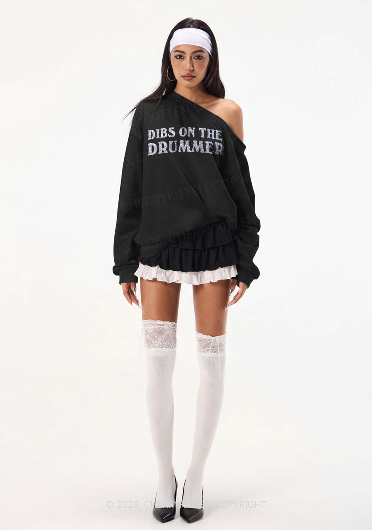 Glitter Dibs On The Drummer Y2K Off Shoulder Sweatshirts Cherrykitten