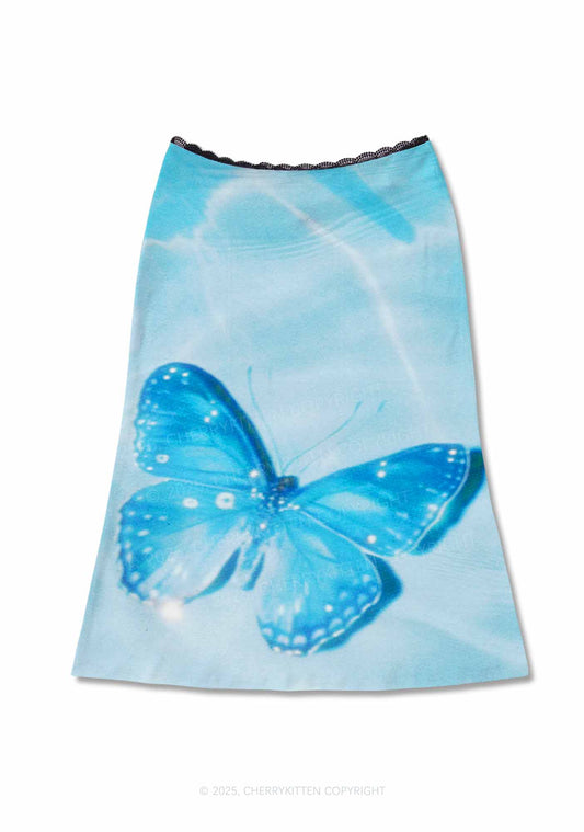 Blue Butterfly Y2K Print Midi Skirt Cherrykitten