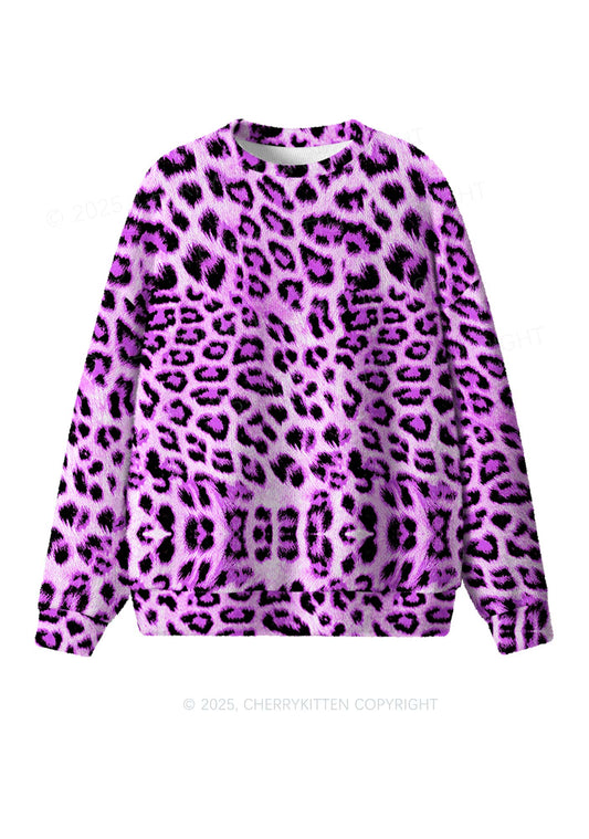 Dark Purple Leopard Y2K Christmas Knit Sweatshirt Cherrykitten