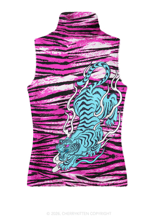 Blue Tiger Pink Zebra Stripe Y2K Knit Turtleneck Tank Top Cherrykitten