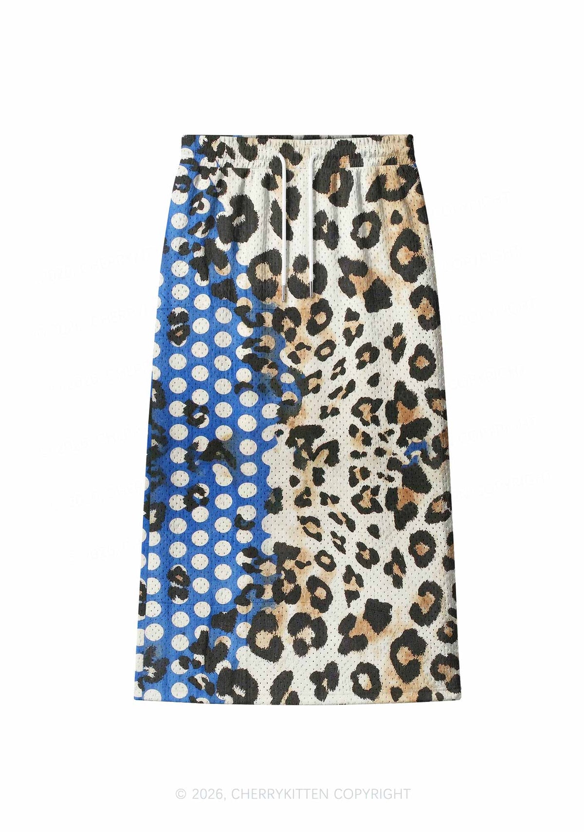 Leopard And Blue Dots Y2K Sport Jersey Drawstring Midi Skirt Cherrykitten
