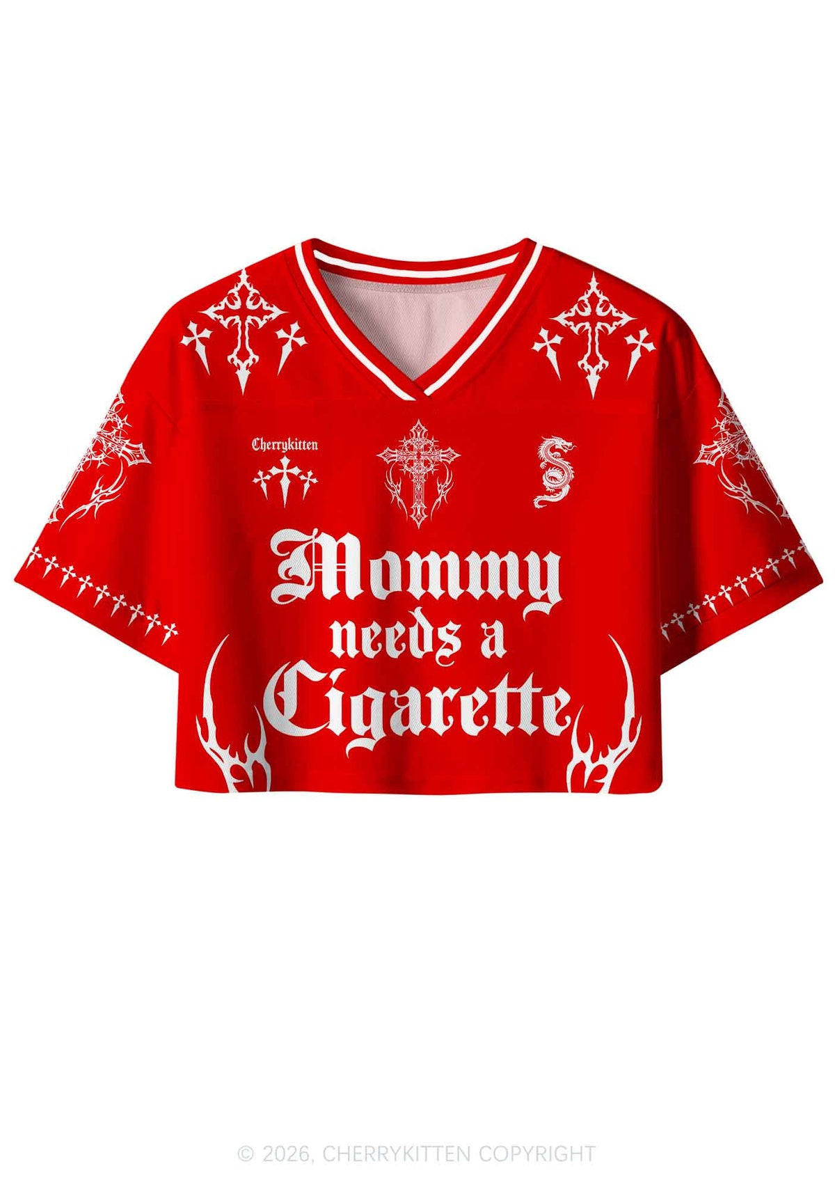 Red Gothic Mommy Needs A Cigarette Y2K Crop Sport Jersey Shirts Cherrykitten