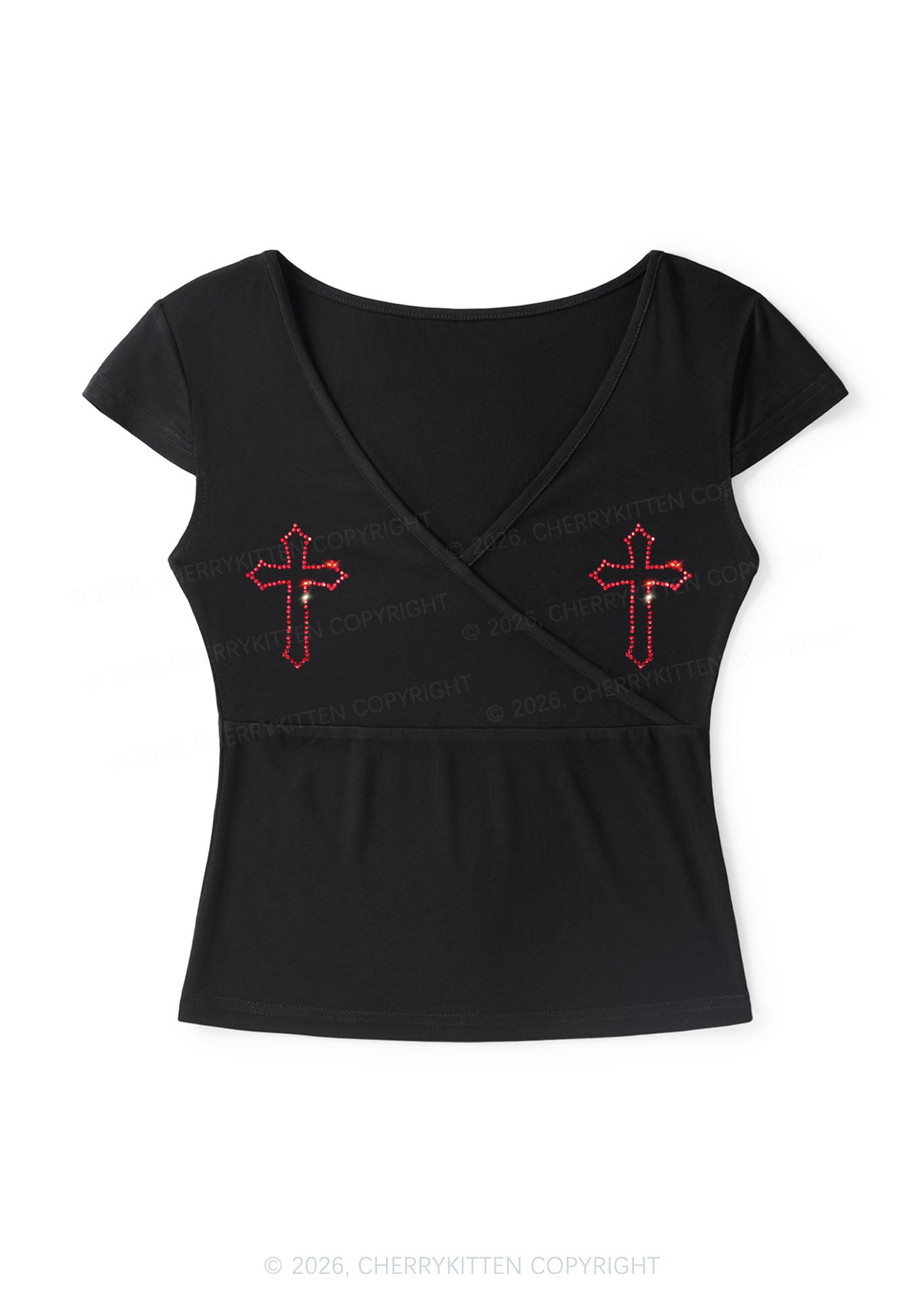 Rhinestone Red Cross Y2K Wrap V Neck T Shirts Cherrykitten