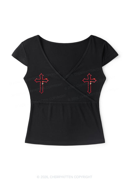 Rhinestone Red Cross Y2K Wrap V Neck T Shirts Cherrykitten