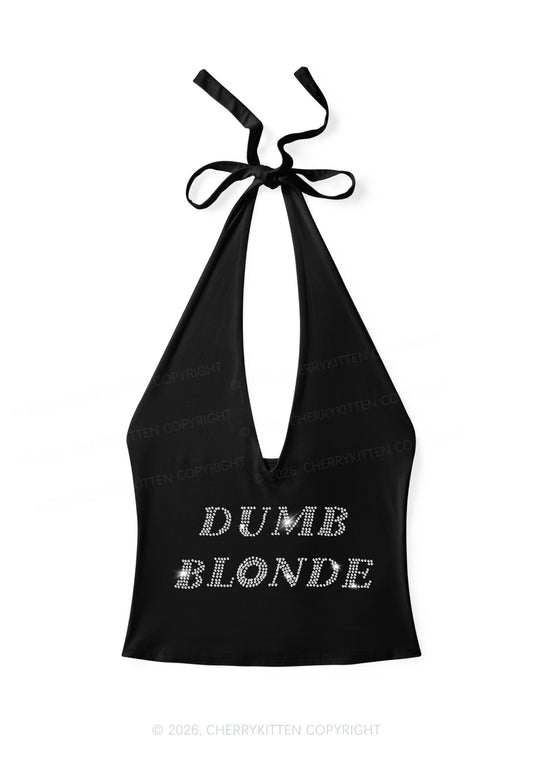 Rhinestone Dumb Blonde Y2K Halter Deep V Neck Cami Cherrykitten