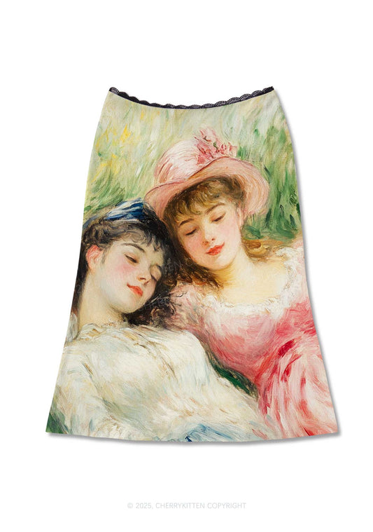 Oil Painting Girls Pride Y2K Print Midi Skirt Cherrykitten