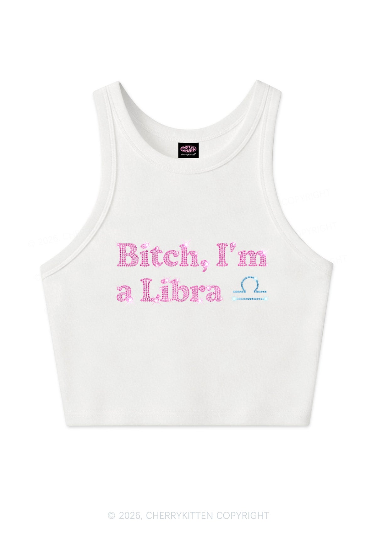 Rhinestone Bxxch Im A Libra Y2K Crop Tank Top Cherrykitten